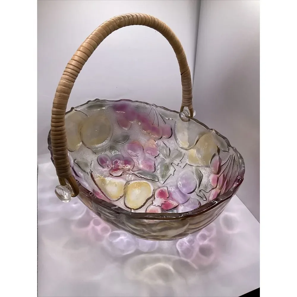 Vintage Mikasa Colorful Oval Embossed Fruit Basket Bowl with Bamboo Handle‎